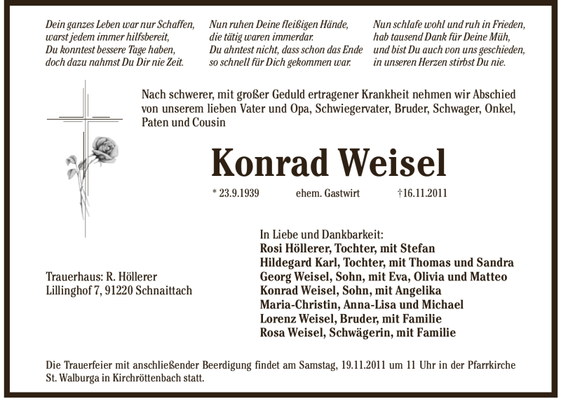  Traueranzeige für Konrad Weisel vom 18.11.2011 aus Pegnitz-Zeitung